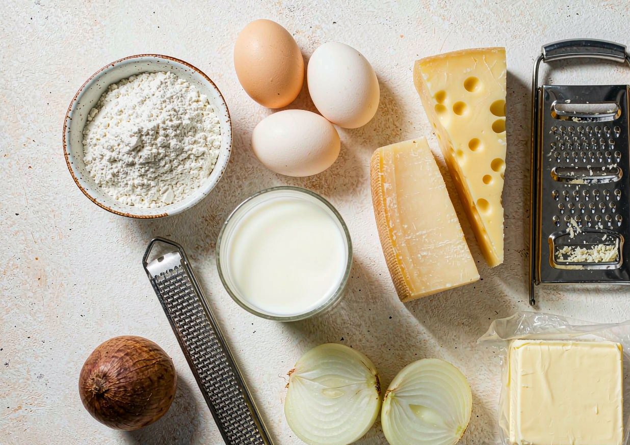 Overhead flat lay of kaesespaetzle ingredients including flour, eggs, milk, Bergkaese cheese, onions and butter