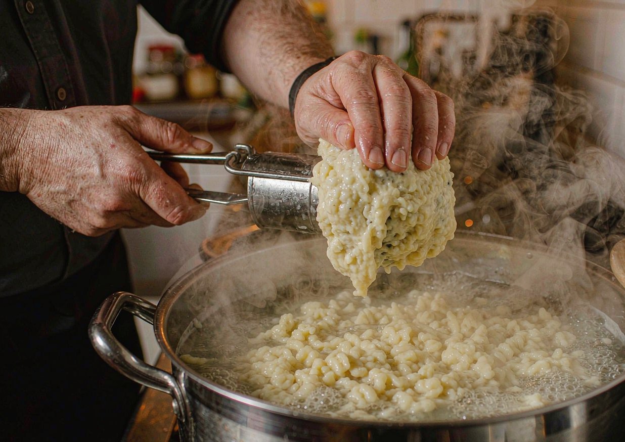 Spaetzle dough being pressed through a spaetzle maker into a wide pot of boiling salted water