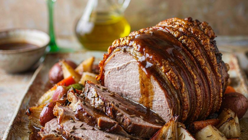 Sliced German pork roast with a crackled brown crust on a platter with pan gravy, roasted root vegetables, and caraway seeds