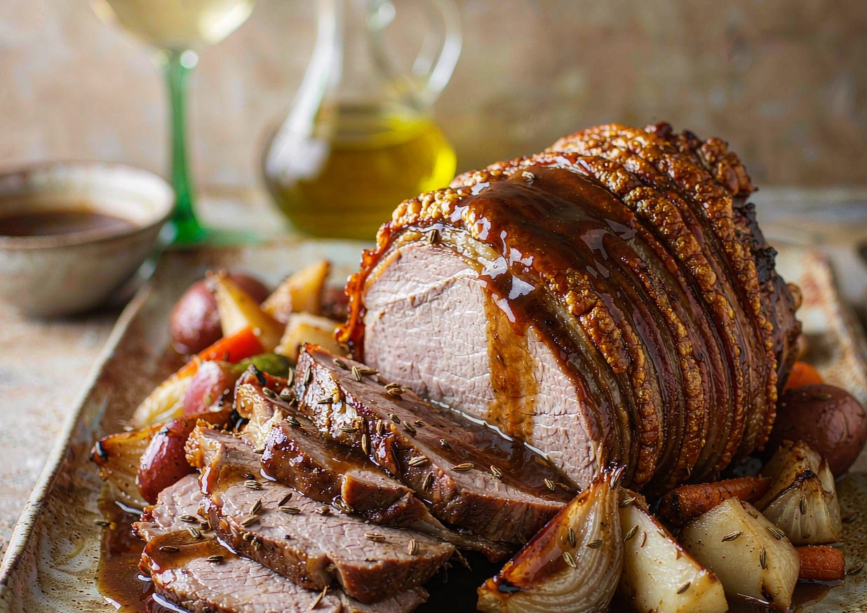 Sliced German pork roast with a crackled brown crust on a platter with pan gravy, roasted root vegetables, and caraway seeds