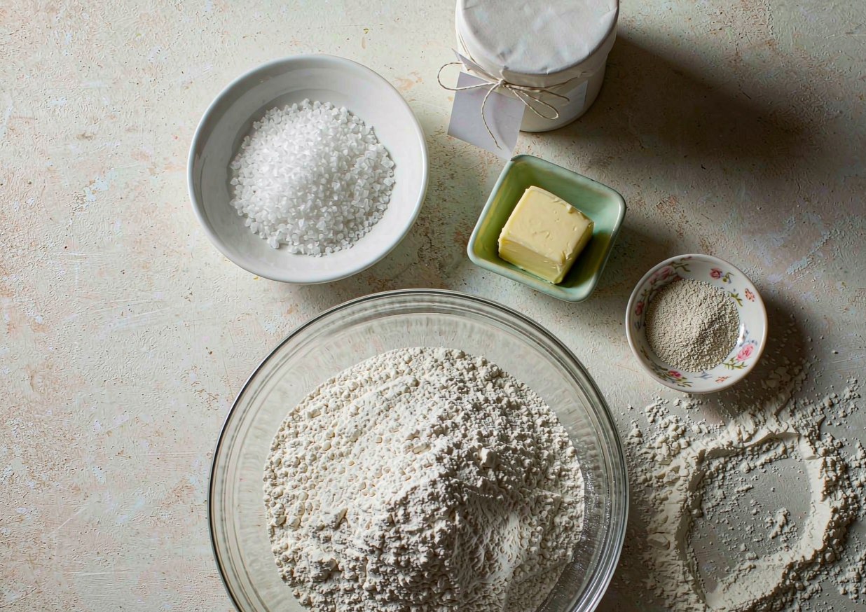 Overhead flat lay of pretzel ingredients including bread flour, yeast, butter, coarse salt and baking soda