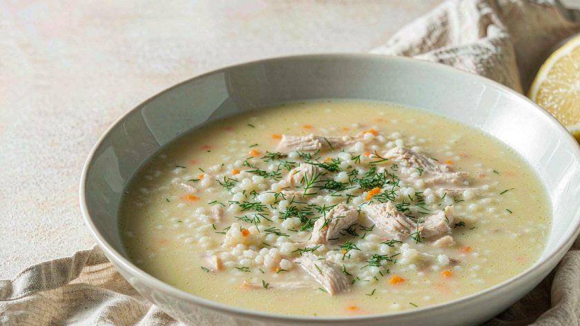 Bowl of pale gold Greek avgolemono soup with rice, shredded chicken, carrot, and chopped dill, with lemon halves beside it