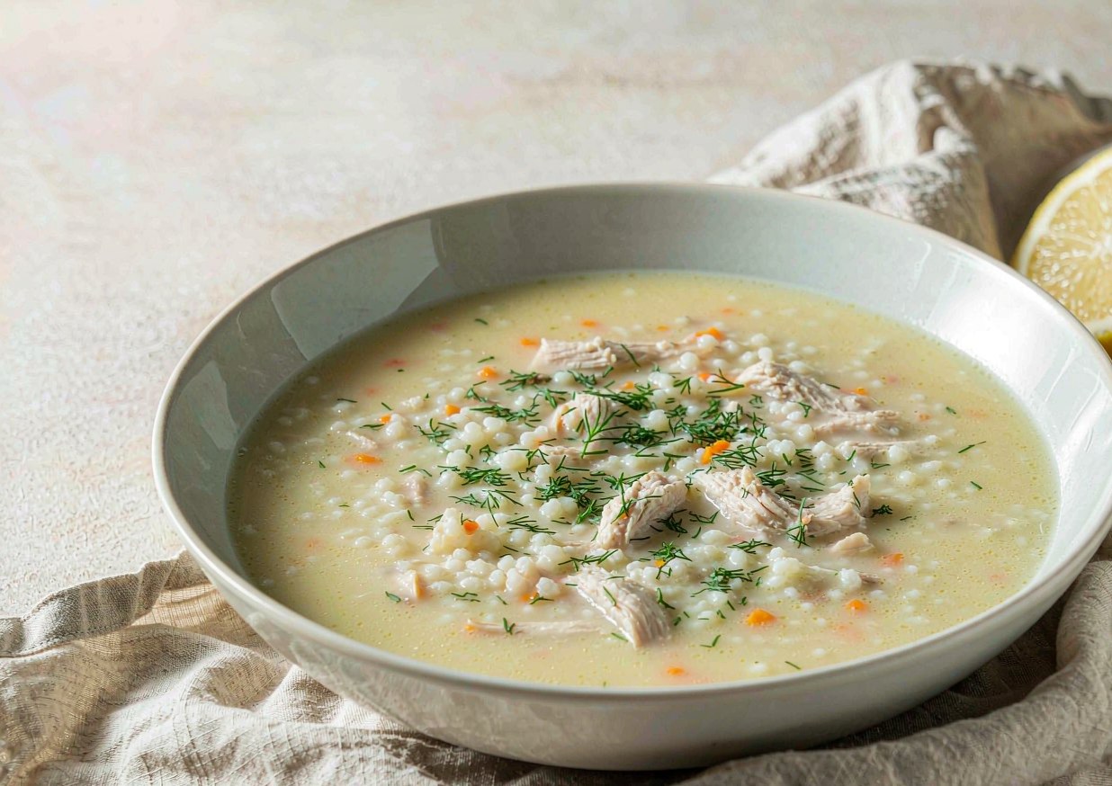 Bowl of pale gold Greek avgolemono soup with rice, shredded chicken, carrot, and chopped dill, with lemon halves beside it