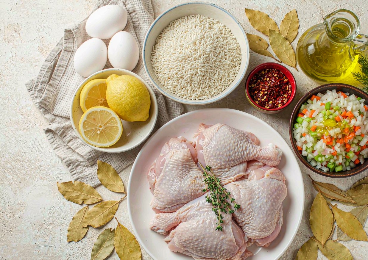 Overhead flat lay of chicken thighs, eggs, lemons, long-grain rice, onion, carrot, celery, bay leaves, and dill on a light counter