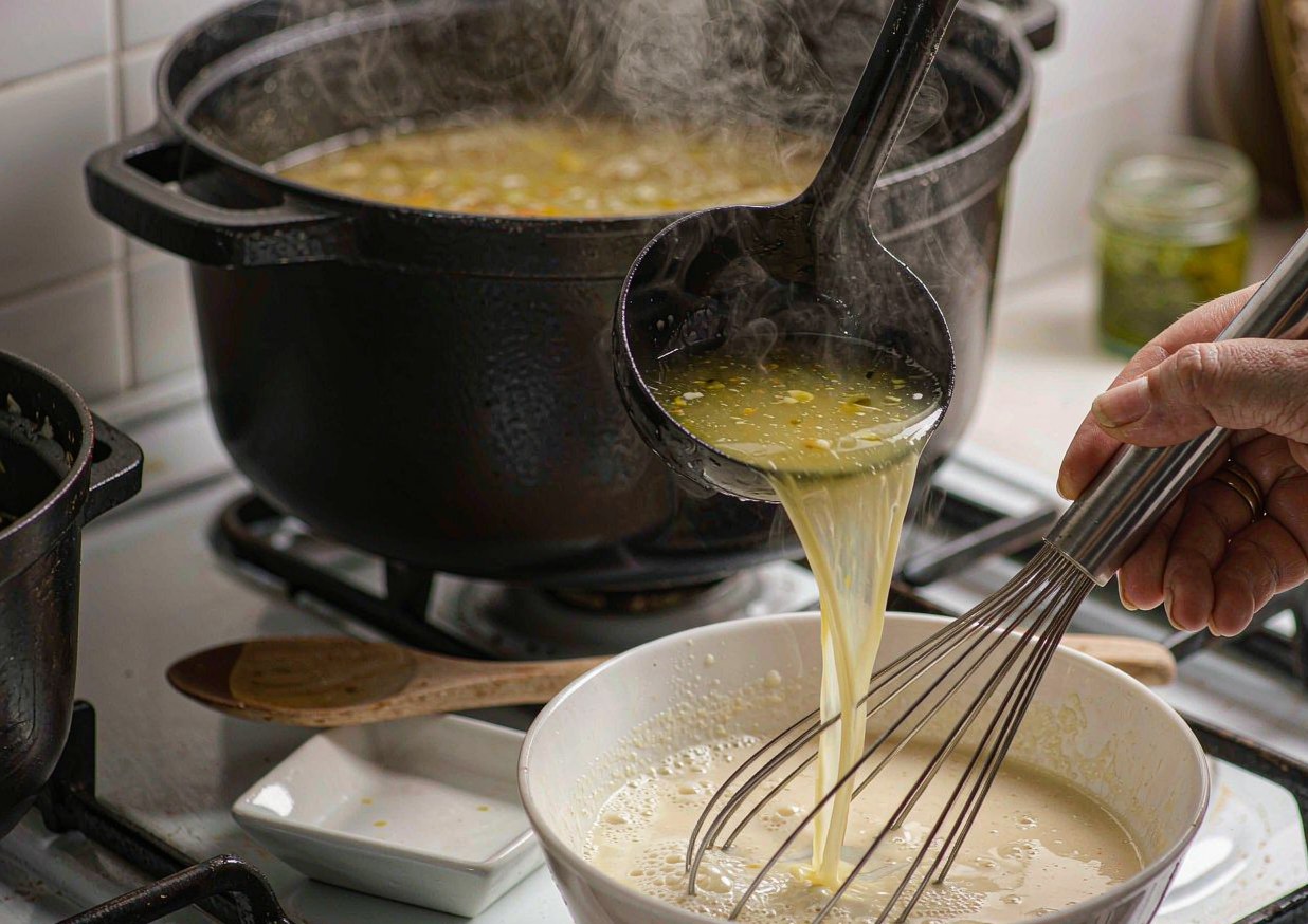 Whisking a bowl of tempered egg and lemon mixture while hot broth is ladled in from a pot of chicken soup on the stove