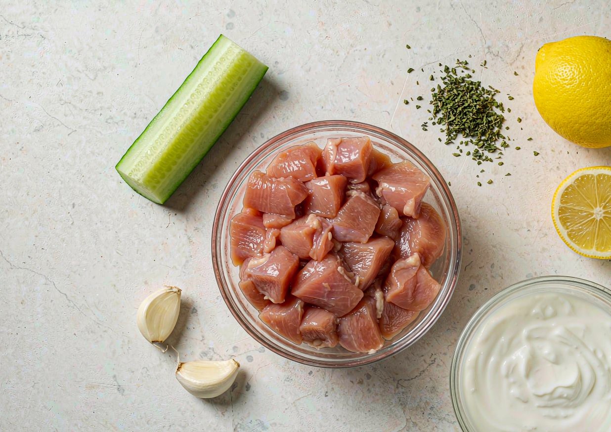 Overhead flat lay of souvlaki ingredients including chicken thighs, Greek yoghurt, cucumber, lemons, and oregano