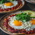 Two plates of huevos rancheros, fried eggs with set whites and deep orange yolks on crisp-edged corn tortillas coated in red salsa, scattered with crumbled white cheese, avocado slices, cilantro, and a lime wedge