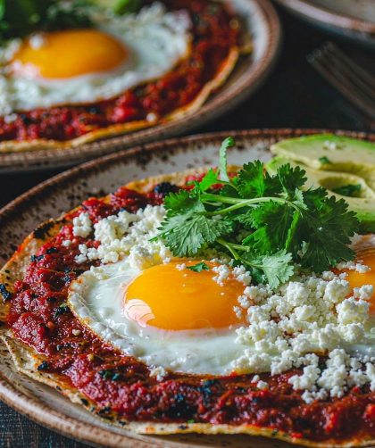 Two plates of huevos rancheros, fried eggs with set whites and deep orange yolks on crisp-edged corn tortillas coated in red salsa, scattered with crumbled white cheese, avocado slices, cilantro, and a lime wedge
