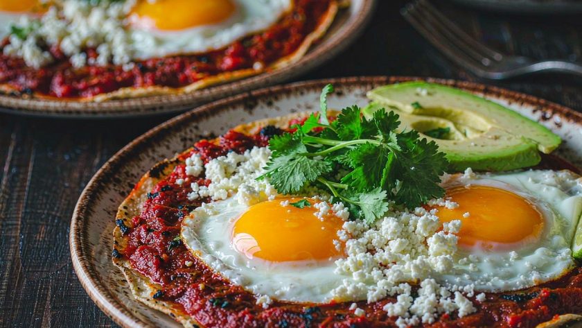 Two plates of huevos rancheros, fried eggs with set whites and deep orange yolks on crisp-edged corn tortillas coated in red salsa, scattered with crumbled white cheese, avocado slices, cilantro, and a lime wedge
