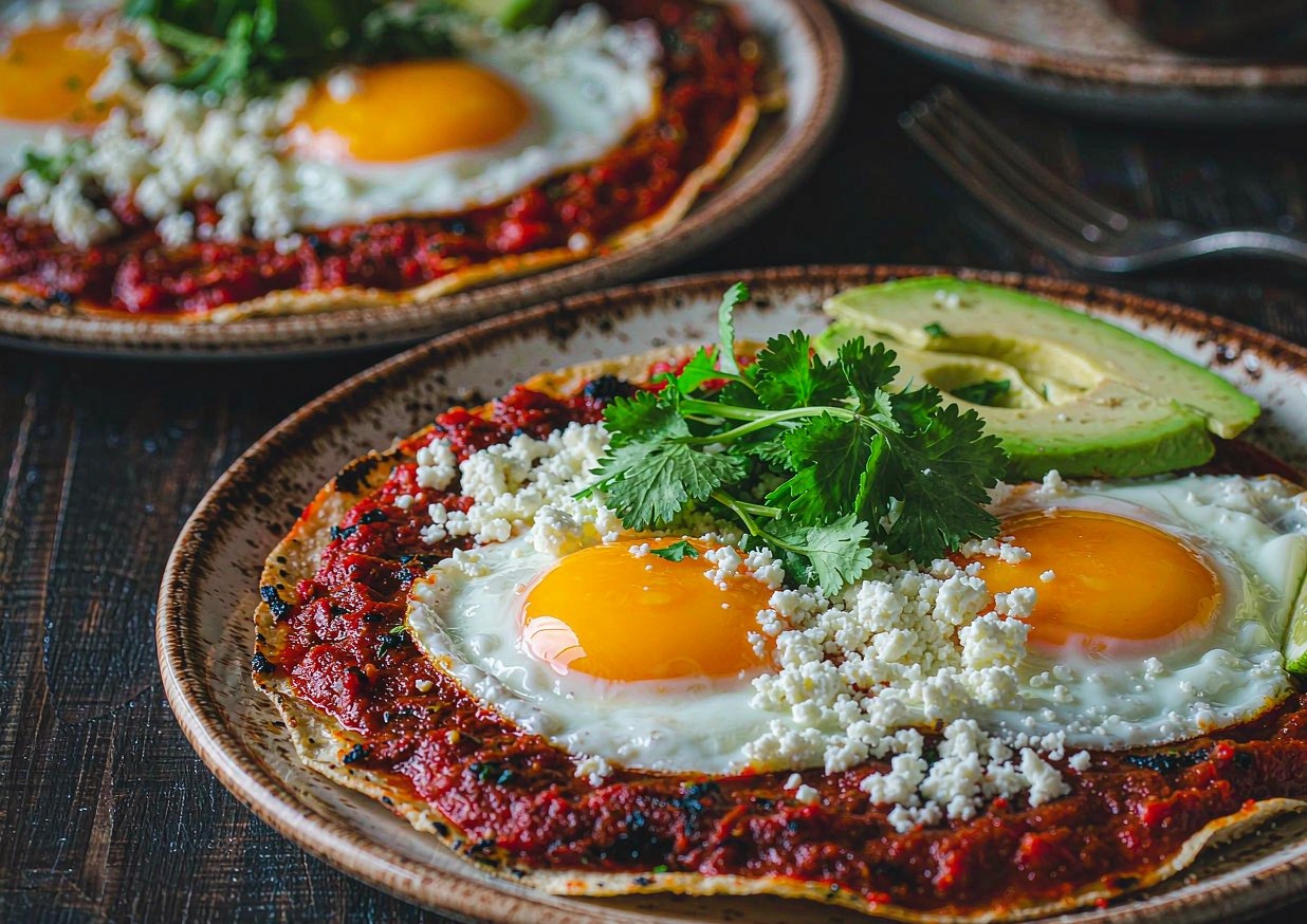 Two plates of huevos rancheros, fried eggs with set whites and deep orange yolks on crisp-edged corn tortillas coated in red salsa, scattered with crumbled white cheese, avocado slices, cilantro, and a lime wedge