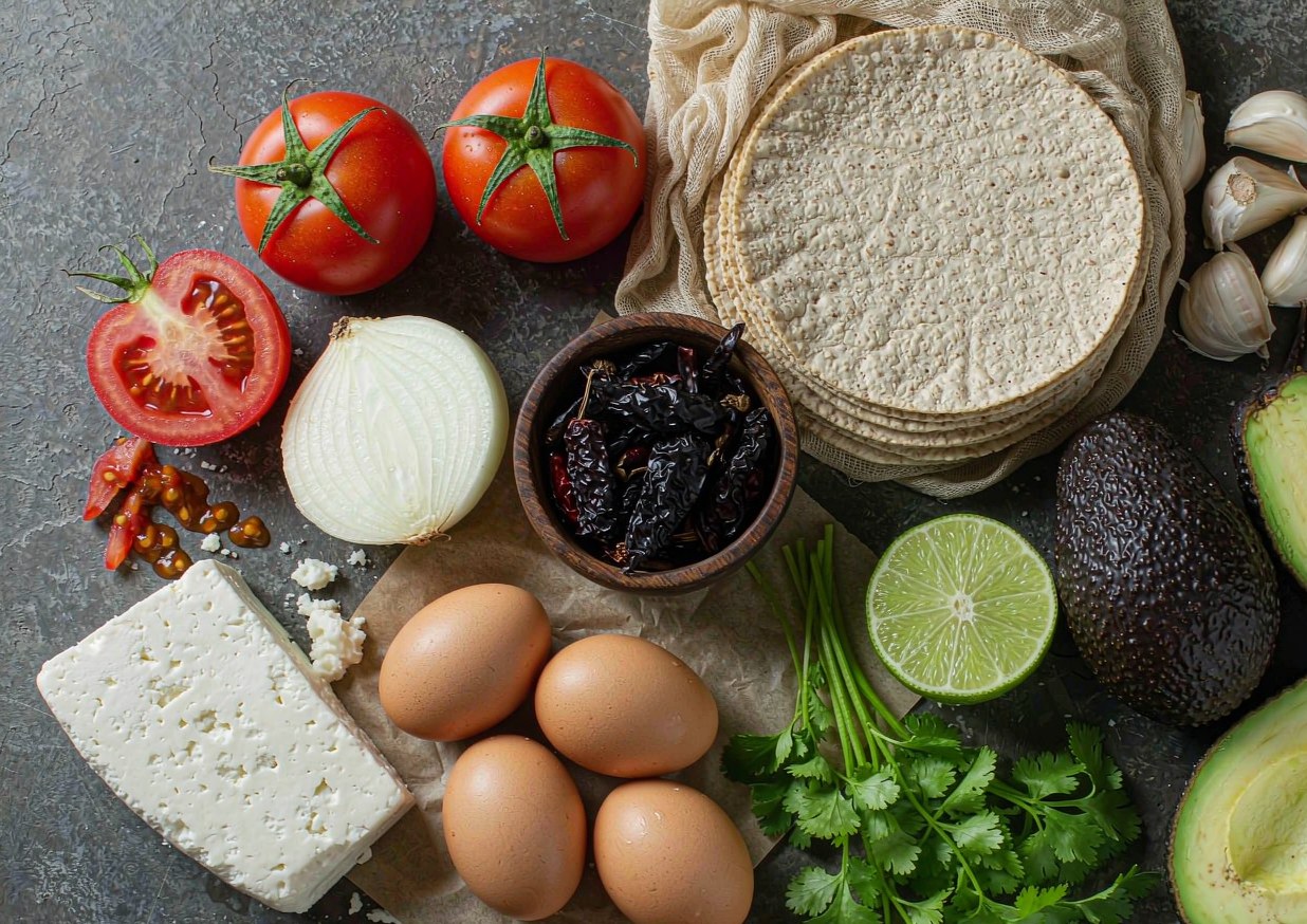 Overhead flat lay of Roma tomatoes, a serrano chilli, white onion, unpeeled garlic cloves, corn tortillas, eggs, queso fresco, avocado, cilantro, and a lime on a dark surface