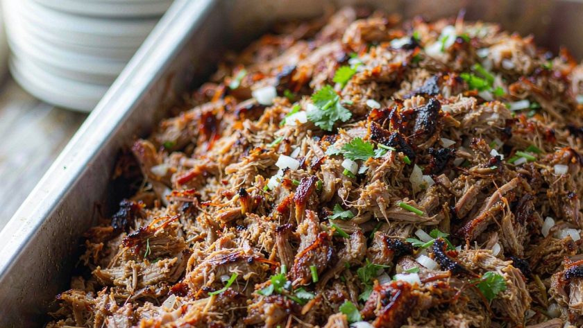 Shredded pork carnitas crisp and caramelised on a rimmed sheet pan with charred edges, scattered with diced onion, cilantro, and lime wedges