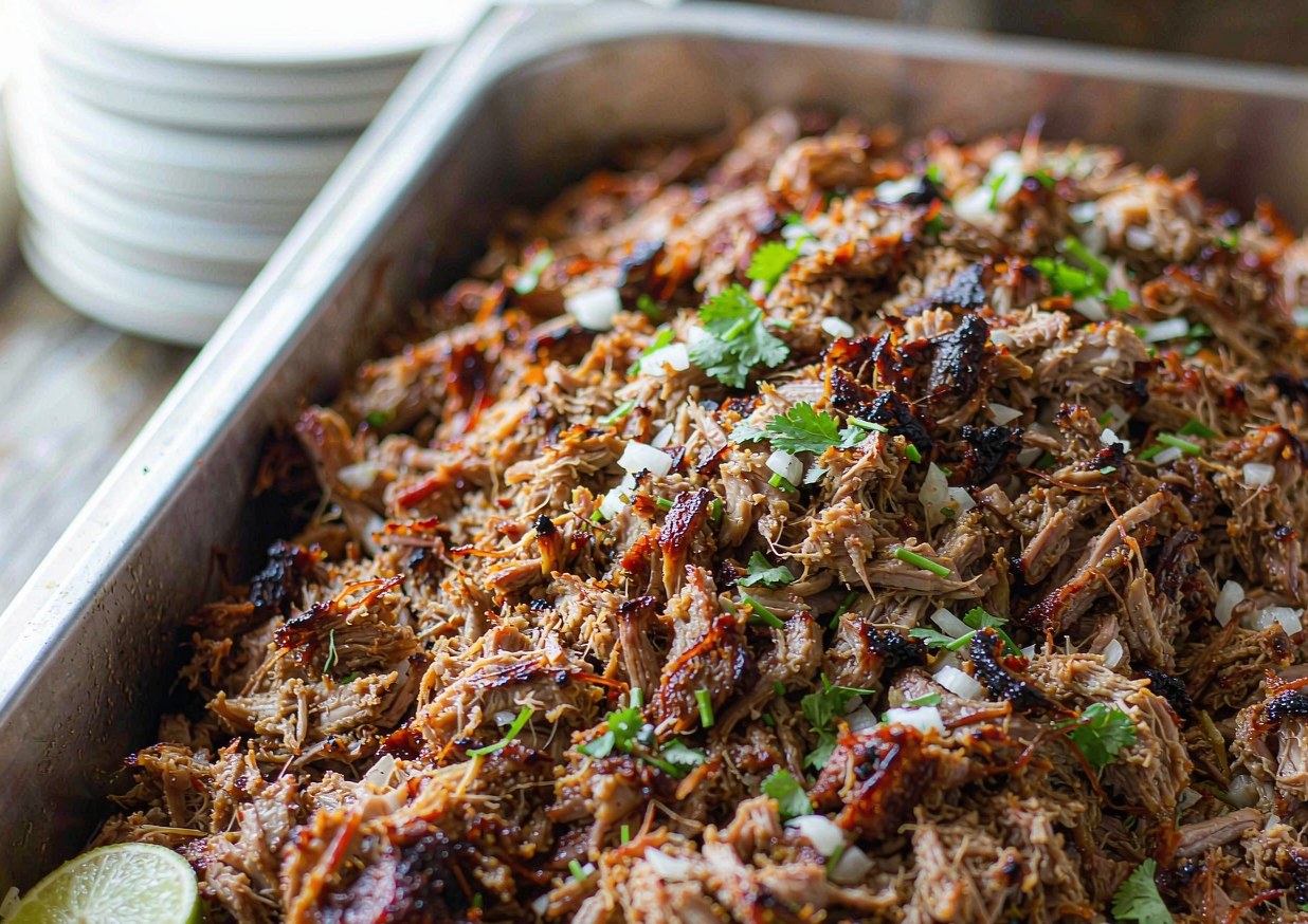 Shredded pork carnitas crisp and caramelised on a rimmed sheet pan with charred edges, scattered with diced onion, cilantro, and lime wedges