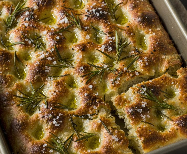 Golden dimpled rosemary focaccia in a rectangular metal baking tin with olive oil pools and flaky salt