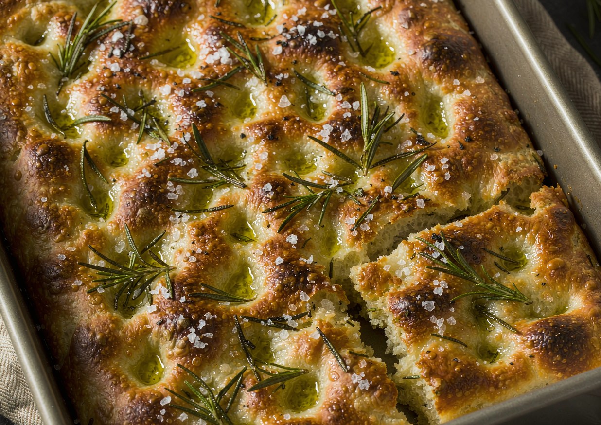 Golden dimpled rosemary focaccia in a rectangular metal baking tin with olive oil pools and flaky salt