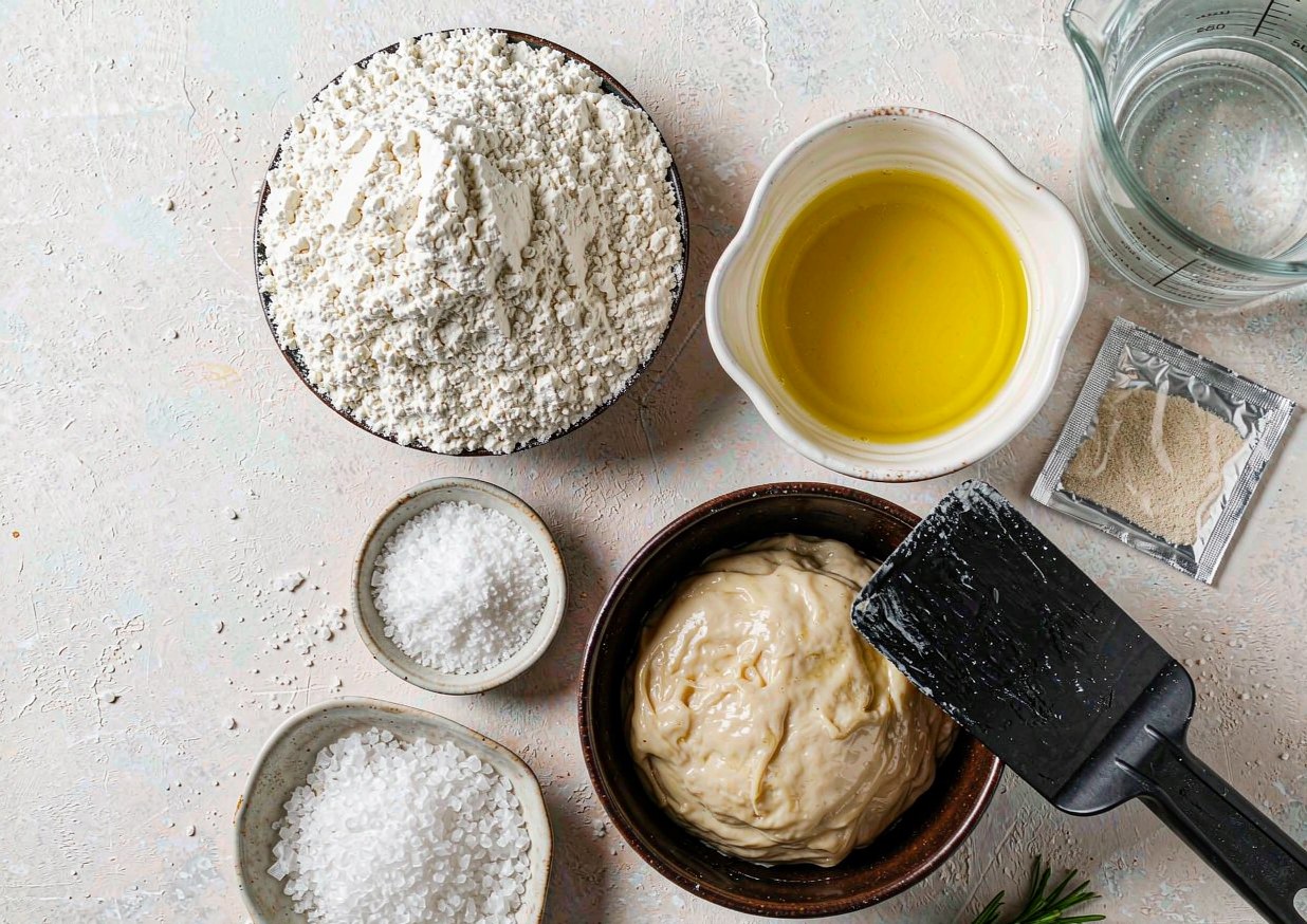 Overhead flat lay of focaccia ingredients including bread flour, olive oil, fresh rosemary, yeast and flaky sea salt