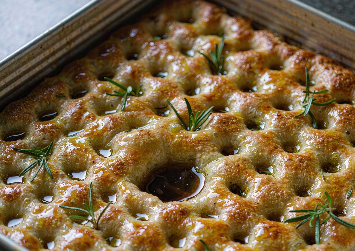 Fingertips pressing dimples into a high-hydration focaccia dough in an oiled metal baking tin