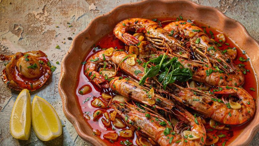 Charred garlic shrimp in a shallow terracotta dish glistening with red paprika oil, scattered with chopped parsley and lemon wedges