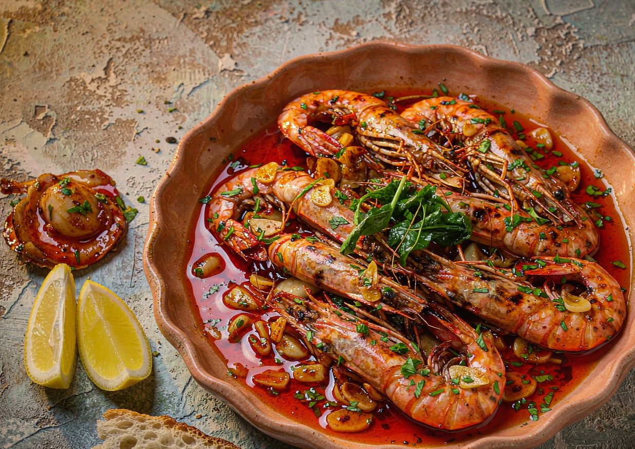 Charred garlic shrimp in a shallow terracotta dish glistening with red paprika oil, scattered with chopped parsley and lemon wedges