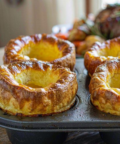 Four golden Yorkshire puddings risen tall above the rim of a metal tin with crisp uneven tops