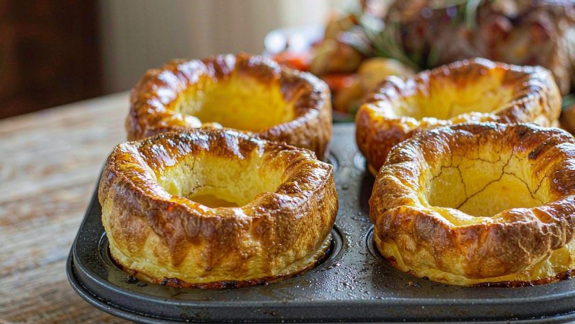 Four golden Yorkshire puddings risen tall above the rim of a metal tin with crisp uneven tops