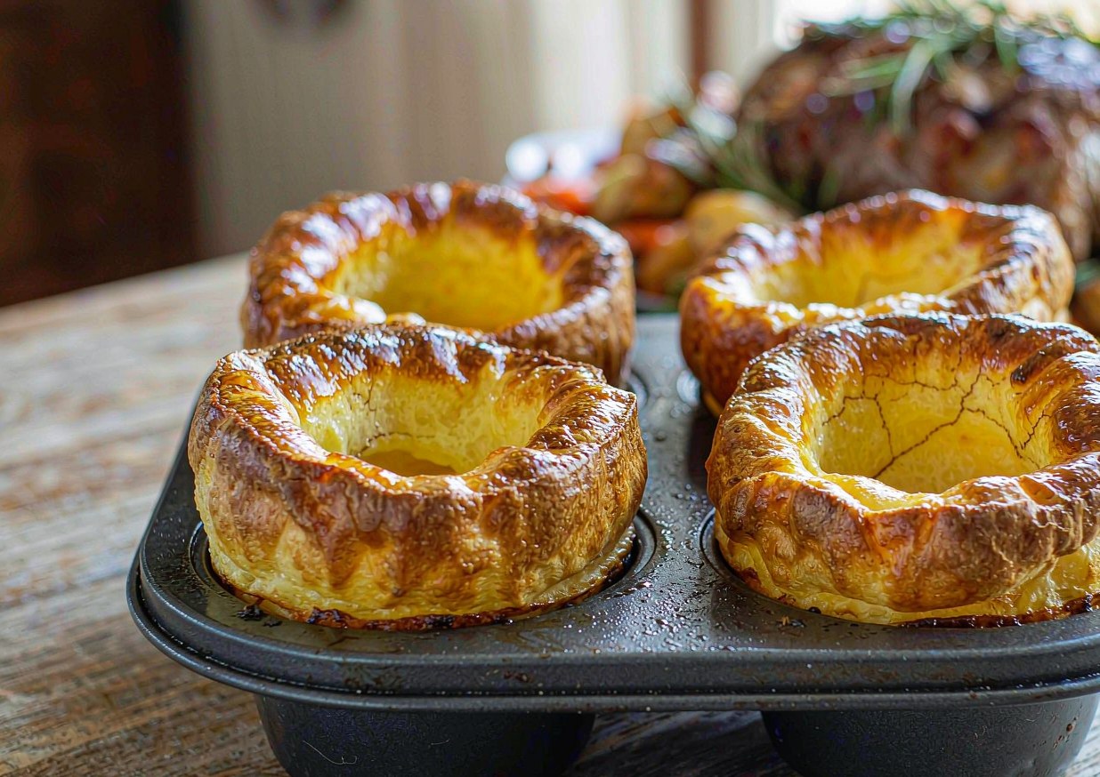 Four golden Yorkshire puddings risen tall above the rim of a metal tin with crisp uneven tops