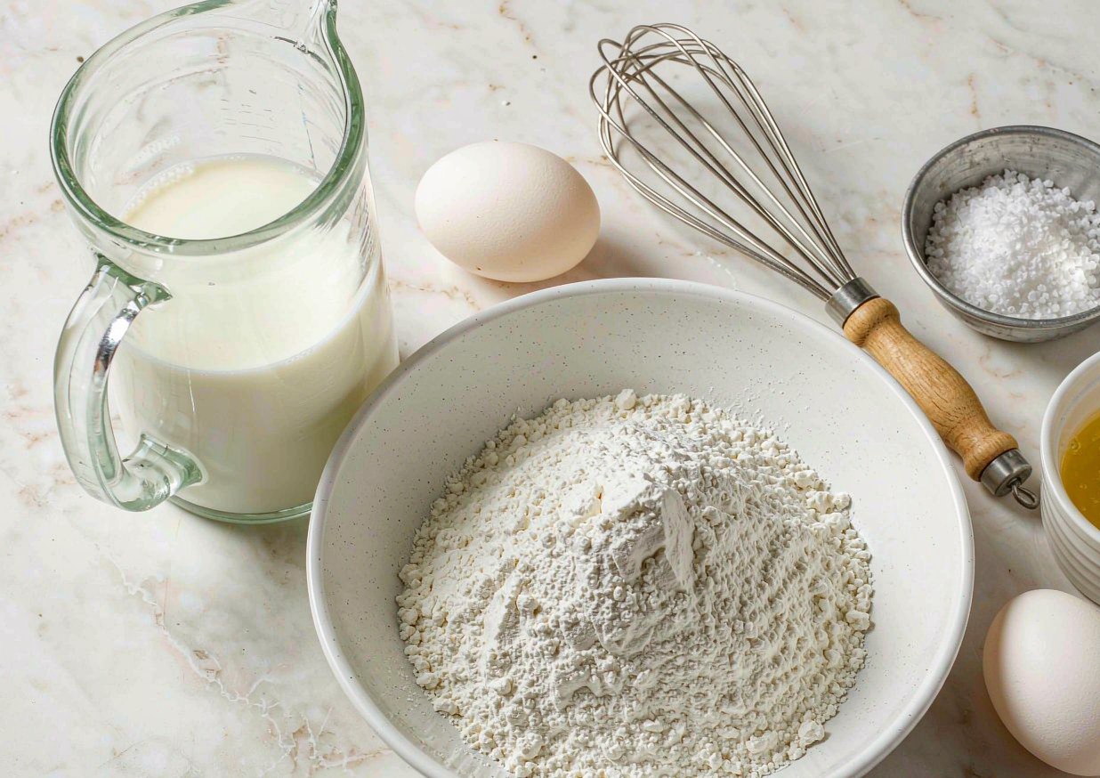 Overhead flat lay of Yorkshire pudding ingredients including flour, eggs, milk, beef dripping and sea salt
